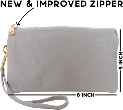 Vista 4 de Humble Chic bolsa pequeña de piel vegana, para usar cruzada o cartera con ajuste de pulsera, incluye hombro ajustable y correa para muñeca.