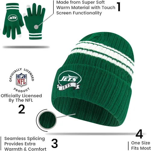 Vista 4 de Ultra Game Gorro de punto de invierno para jóvenes de la NFL, con cálidos guantes de pantalla táctil con rayas