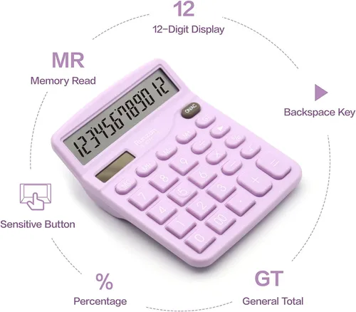 Vista 16 de Calculadora rosa de 2 piezas, calculadora de energía dual con batería solar, calculadora de escritorio de 12 dígitos con pantalla LCD grande