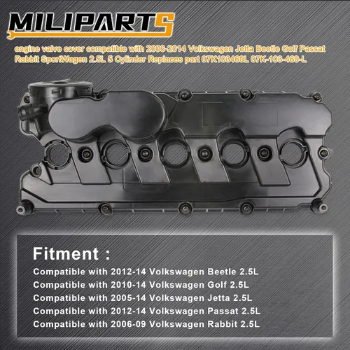 Vista 2 de Cubierta de válvula de motor compatible con Volkswagen Jetta Beetle Golf Passat Rabbit SportWagen 2.5L 5 cilindros sustituye a la parte 07K103469L