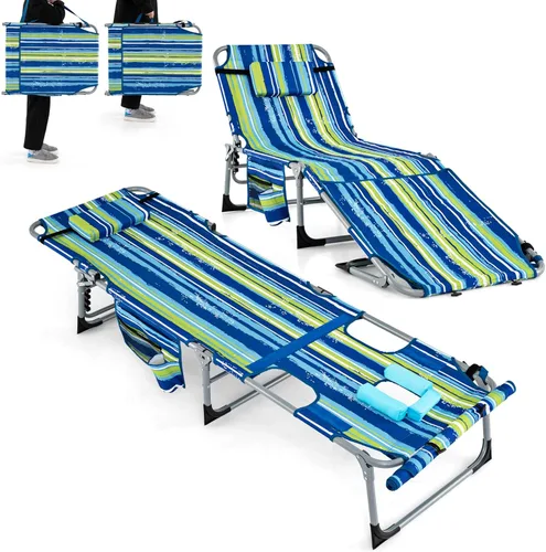 Vista 13 de Goplus Silla de bronceado, silla plegable de playa al aire libre con agujero para cara y brazo, correa de transporte, almohada, silla de descanso