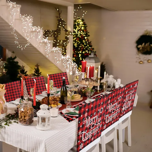 Vista 6 de CCINEE 2 fundas para respaldo de silla de Navidad, fundas de silla de búfalo rojo y negro con copo de nieve para silla de Navidad, cubierta trasera