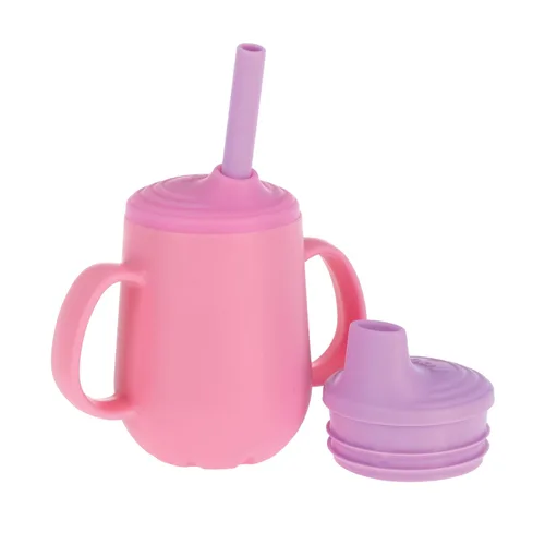 Nuby Juego de vasos de entrenamiento de 3 etapas, vaso de silicona con boquilla y popote combinado, 4 onzas, más de 6 meses, niñas rosado & púrpura