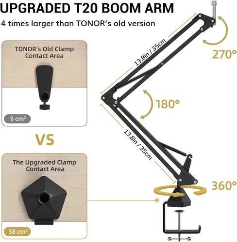 Vista 5 de TONOR Micrófono condensador XLR, kit de micrófono de estudio cardioide profesional con brazo T20, soporte de choque, filtro pop para grabación