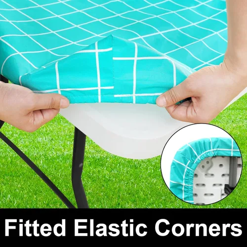 Vista 92 de Mantel rectangular, manteles de plástico elásticos ajustables con parte trasera de franela para mesas de 4 pies, manteles de vinilo impermeables