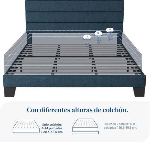 Vista 7 de Allewie - Base de cama tamaño King con cabecera tapizada en tela y soporte de listones de madera; base de colchón completamente tapizada; no Azul