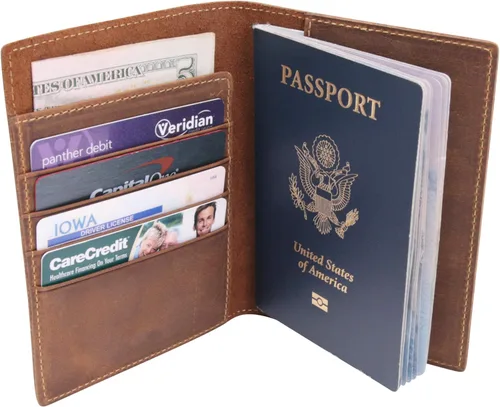Vista 2 de Cartera de viaje de cuero con soporte para pasaporte funda de cuero genuino con bloqueo RFID para hombres y mujeres cartera de pasaporte cartera