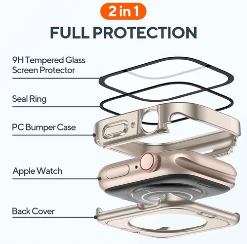 Vista 3 de Paquete de 2 fundas impermeables 2 en 1 para Apple Watch Series 8, 7, de 1.614 pulgadas, borde recto, parachoques delantero y trasero de PC
