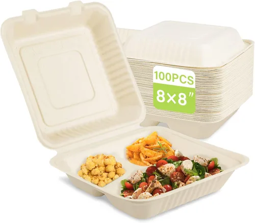 Vista 10 de greensight Contenedor de comida compostable para llevar de 6 x 6, paquete de 100 recipientes desechables de almeja para alimentos, cajas