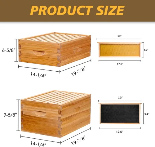 Vista 5 de MayBee Colmena Langstroth de 8 marcos sumergida en cera de abejas 100%, colmena de abejas para principiantes, colmena de abeja de miel incluye 2