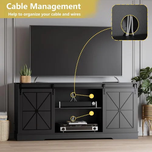 Vista 4 de Soporte de TV estilo granja para televisores de 65/60/55 pulgadas, centro de entretenimiento rústico con gabinetes de almacenamiento y puertas