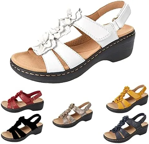 Libiyi - Sandalias de boca de pez con diseño de flores vintage para mujer, con soporte ortopédico de arco, plataforma de cuña, estilo bohemio,