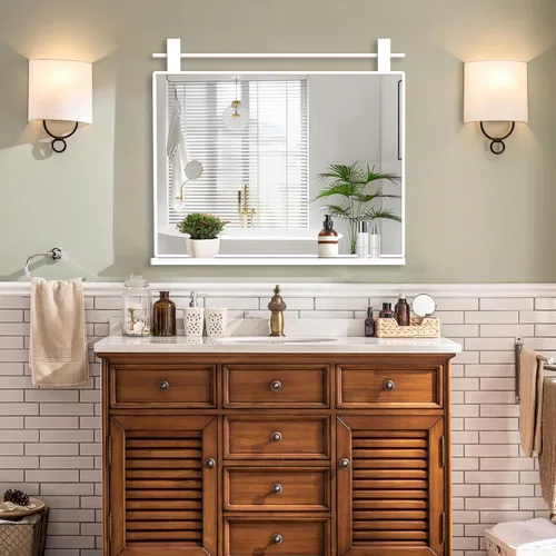 Vista 7 de ANYHI Espejos de baño para pared, espejo de pared de metal con estante, perfecto para sala de estar, dormitorio, entrada, rectangular, vertical Negro