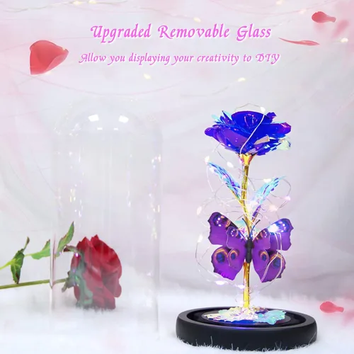 Vista 4 de Greenke Regalos de rosas para el día de San Valentín para ella, rosa mariposa púrpura galaxia en cúpula de cristal, rosa iluminada para siempre