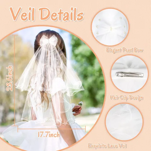 Vista 2 de Yelsky Juego de velo de primera comunión, encaje blanco con lazo de perlas, velo de comunión para católicos, corona de flores blancas para niñas