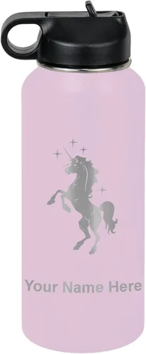Vista 20 de LaserGram Botella de agua de doble pared abatible de 12 onzas con pajita, unicornio, grabado personalizado incluido (rosa)