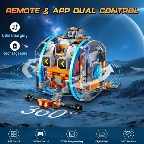 Vista 6 de HiWEEGO - Juguetes de robots RC con ojos LED intercambiables y sonido, robótica recargable con control remoto y aplicación con diseño de ruedas