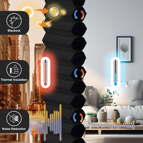 Vista 7 de Boolegon Persiana celular instalable sin taladrar ni herramientas, apertura independiente (arribaabajo), de panal, opaca, sin cable, fácil