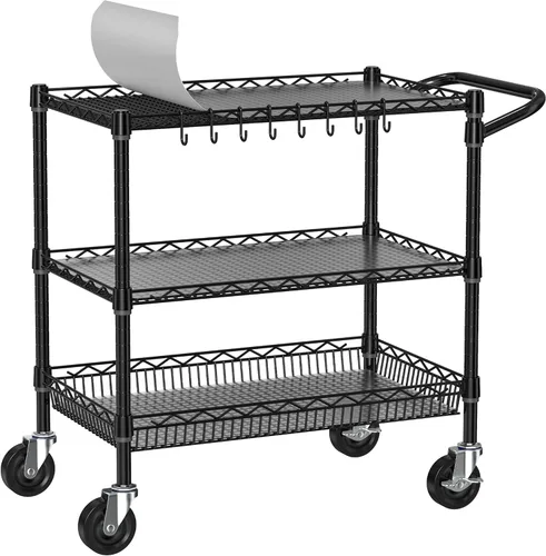 Folews Carrito Rodante de Servicio Pesado con Ruedas, Carrito Utilitario de Grado Comercial de 3 Niveles, Carrito de Almacenamiento de Cocina de