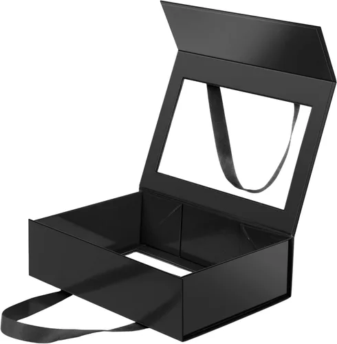 Caja de regalo negra con ventana, caja de regalo magnética transparente para regalo, caja de propuesta de padrino de boda (10.5 x 7.5 x 3 pulgadas)