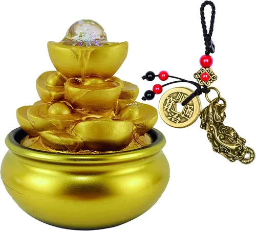 Feng Shui - Fuente de agua de mesa de lingote dorado para interiores, pequeña con luces, cascada para interiores, con bola de cristal rodante y