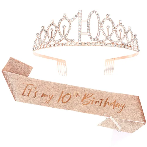 Casoty Banda y tiara de cumpleaños número 10 de oro rosa, decoraciones de fiesta de cumpleaños número 10 para niñas, juego de banda y corona de