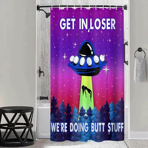 Vista 18 de MERCHR Funny UFO Shower Curtain for Bathroom, Unique Fun Alien Blue Space Starry Sky Forest Fabric Shower Curtains Set, Weird Restroom Decor