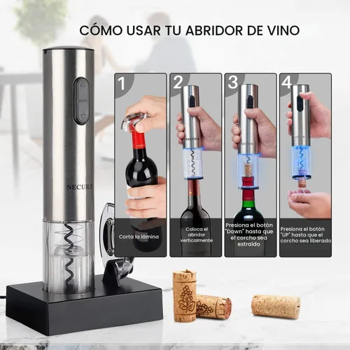 Vista 3 de Destapador de vinos eléctrico de acero inoxidable Secura con cortador de cápsula de aluminio, Acero inoxidable