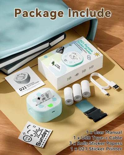 Vista 8 de Impresora de calcomanías NDYIN, mini impresora PrintPods, fabricante de calcomanías portátil Bluetooth con 3 rollos de papel, impresora térmica sin