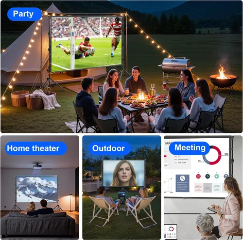 Vista 8 de Pantalla de proyector para exteriores con soporte, pantalla de proyección portátil de 150 pulgadas, sin arrugas, pantalla de película frontal