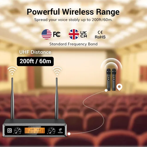 Vista 3 de Sistema de Micrófono Inalámbrico TONOR, Micrófonos Inalámbricos Profesionales de Metal para Karaoke, Micrófono Dinámico de Mano con Receptor