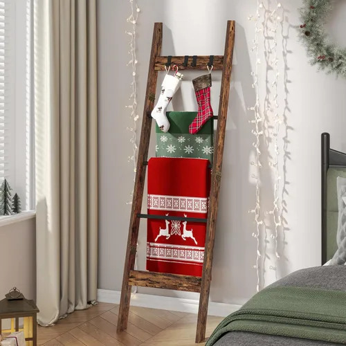 Vista 51 de Escalera para manta para sala de estar, estante decorativo para edredón con 4 ganchos extraíbles, 5 niveles de soporte de escalera de granja Blanco