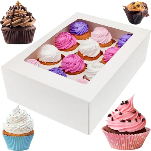 Vista 7 de BAKELUV 12 cajas de magdalenas marrones, recipientes para cupcakes 13 x 9.5 x 4, paquete de 12 cajas de magdalenas a granel, cajas para cupcakes