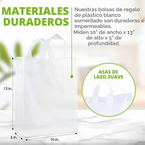 Vista 8 de Prime Line Packaging Bolsas de regalo esmeriladas con asas, 10 x 5 x 13 Blanco