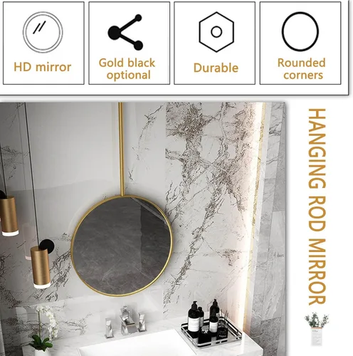 Vista 5 de Espejo circular, espejo montado en el techo, accesorios completos, espejos decorativos para tocador de pared, espejo redondo grande con barra