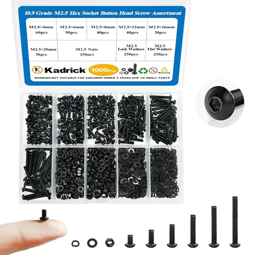 Vista 15 de Kadrick - Kit surtido de 2000 tornillos/pernos métricos M2, M3, M4, M5, con tuercas, arandelas planas y de seguridad, cabeza de botón hexagonal