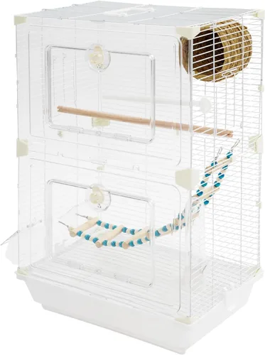 Vista 10 de Jaula para pájaros de dos niveles, jaula de vuelo mediana blanca para pájaros pequeños, periquitos canarios, pinzones, panel frontal acrílico