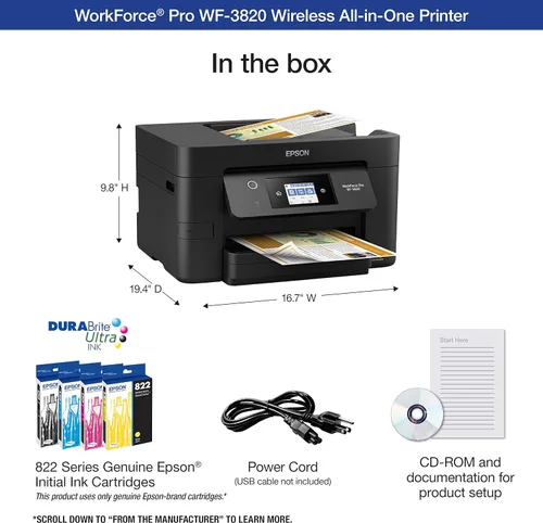 Vista 3 de Epson WorkForce Pro WF-3820 Impresora inalámbrica todo en uno, impresión automática a 2 caras ADF de 35 páginas, bandeja de papel de 250 hojas