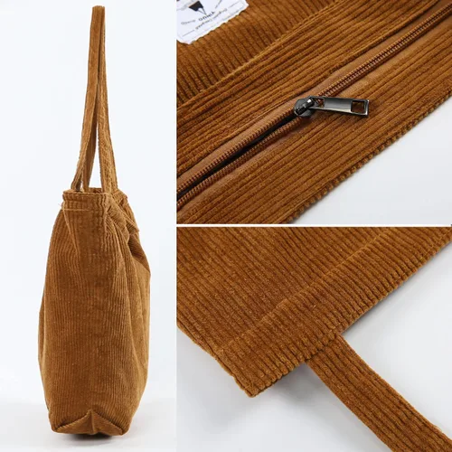 Vista 4 de YINUO Bolso de mano de pana para mujer, bolsos casuales de gran capacidad, bolsa de compras con 2 bolsillos