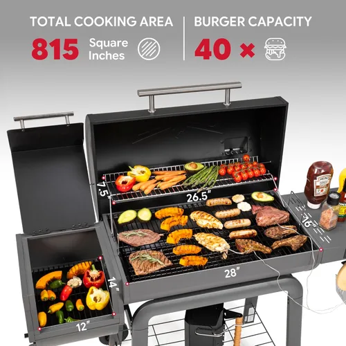 Vista 4 de Barbacoa de carbón con mesa lateral, parrilla de 30 pulgadas resistente para exteriores con área de cocción de 647 pulgadas cuadradas para barbacoas