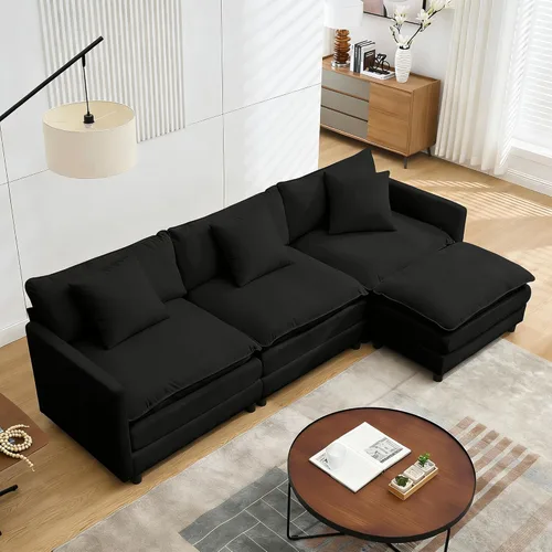 Vista 19 de Sofá modular modular de pana de 108.27 pulgadas, moderno juego de sofá para sala de estar con 3 asientos, 1 otomana y 3 almohadas, cómodos sofás