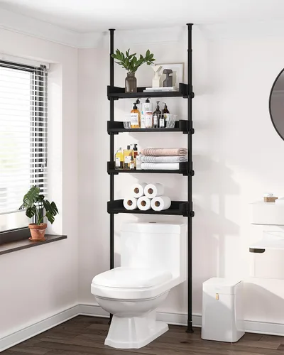 ALLZONE Almacenamiento de 4 niveles sobre el inodoro, organizador de baño ajustable de madera sobre el inodoro, estantes independientes, se adapta a