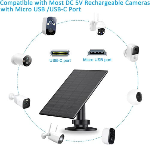 Vista 6 de Panel solar de 2 W para cámara de seguridad al aire libre, cargador USB/USB-C con IP65 impermeable, montaje ajustable de 360° y cable de 7.2 pies