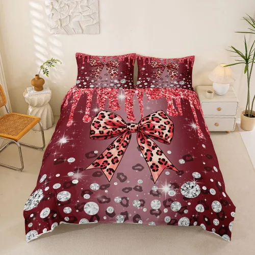 Vista 45 de Feelyou Coquette Bow Bedding Set Twin Size Leopared Bows Comforter Cover for Kids Teens Adults Glitter Diamond Blue Duvet Cover Cute Bowknot Room