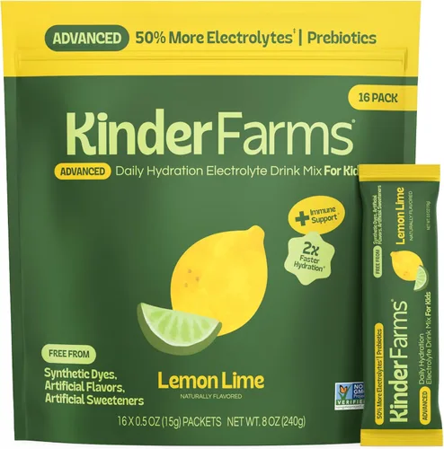 Kinderlyte Polvo de electrolito, hidratación avanzada, paquetes fáciles de abrir, mezcla de bebidas suplementarias (lima limón, 16 unidades)