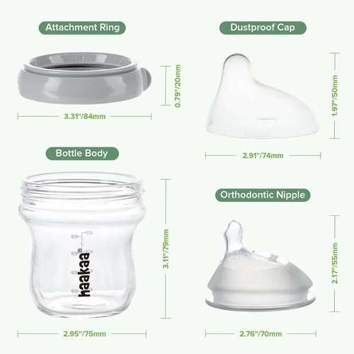 Vista 8 de haakaa Gen.3 Biberón de vidrio natural de 4.2 onzas líquidas, pezón de flujo lento anticólicos de cuello ancho para bebés amamantados de 0 meses