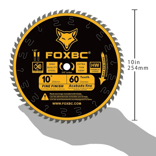 Vista 4 de FOXBC Hoja de sierra de mesa de corte transversal de acabado fino de 10 pulgadas, 60 dientes ATB, con eje de 5/8 pulgadas