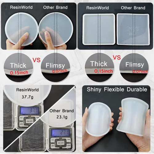 Vista 2 de RESINWORLD 8 Pack Thick 4 inches Resin Coaster Molds Set, 4 Pack Round Coaster Silicone Molds + 4 Pack Square Coaster Resin Mold, Coaster Molds for