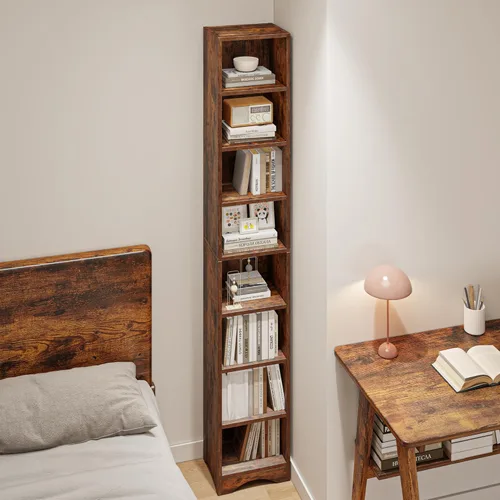 Vista 4 de VECELO 8-Tier Tall Narrow Bookshelf, Elevated Base with 6 Adjustable Shelves, Slim Space-Saving Storage Rack for Living Room Bedroom-Brown