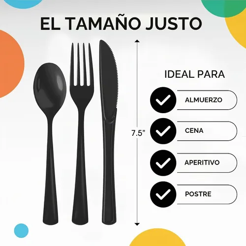 Vista 3 de Party Solids Cubiertos de plástico negro resistente, 150 piezas, cubiertos desechables negros, juegos de utensilios, 50 de cada tenedor, cuchillos